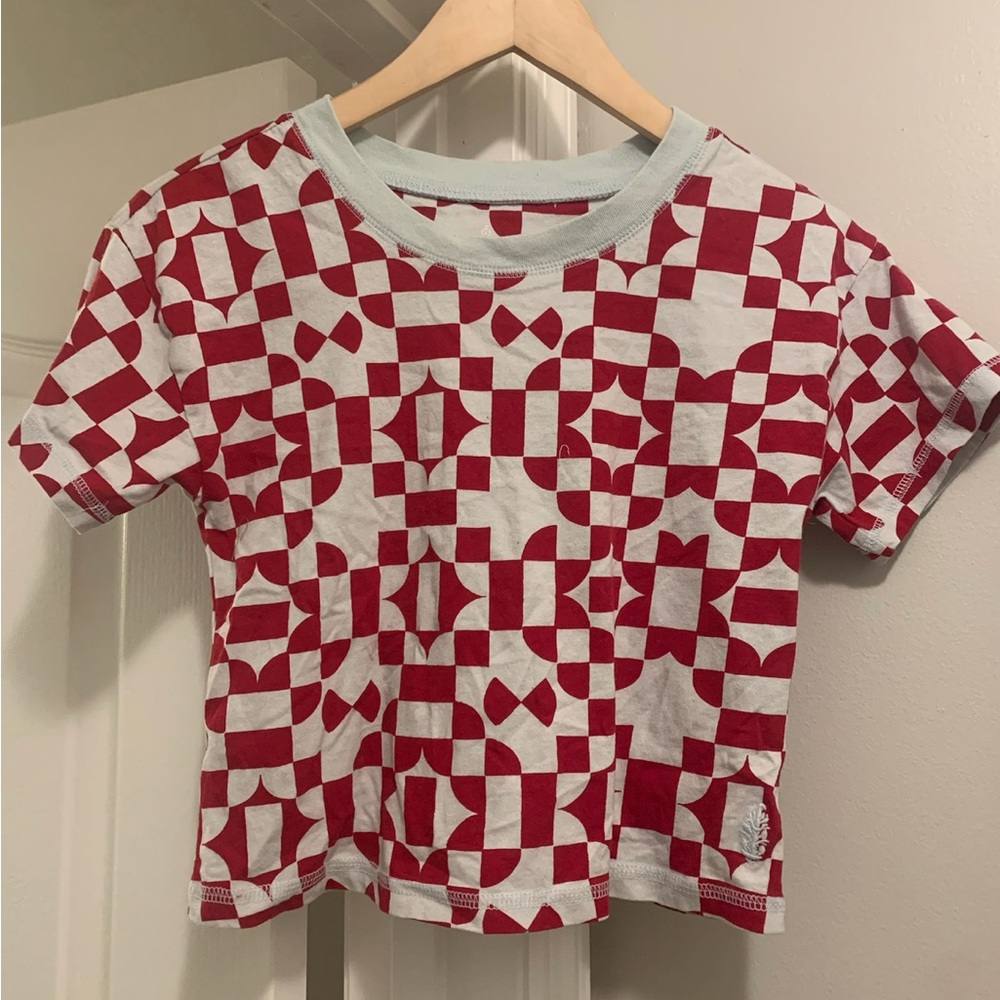 Free People FP Movement Red Geometric Print Cropped Short Sleeve Baby Tee